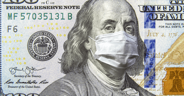 100 dollar money bill with Benjamin Franklin wearing a surgical mask